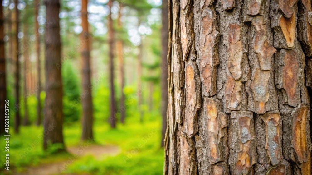 Close-up view of a tree trunk with its rough textured bark, providing a natural contrast to the soft, green hues of the background forest Close-up view of a tree trunk with its rough textured bark, providing a natural contrast to the soft, green hues of the background forest