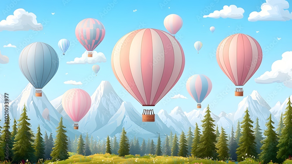 Obraz premium Whimsical Hot Air Balloons Over Serene Landscape