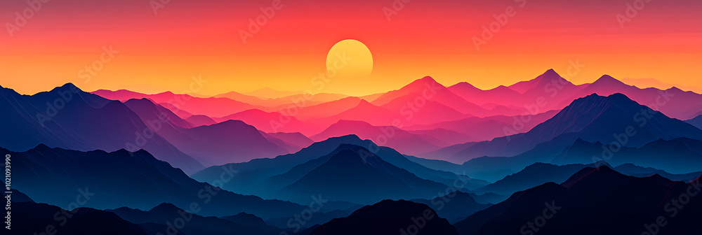Sunset amidst the mountains, panorama wallpaper, the beautiful light of the sun setting behind the horizon surrounded by mountains. Sunset amidst the mountains, panorama wallpaper, the beautiful light of the sun setting behind the horizon surrounded by mountains.