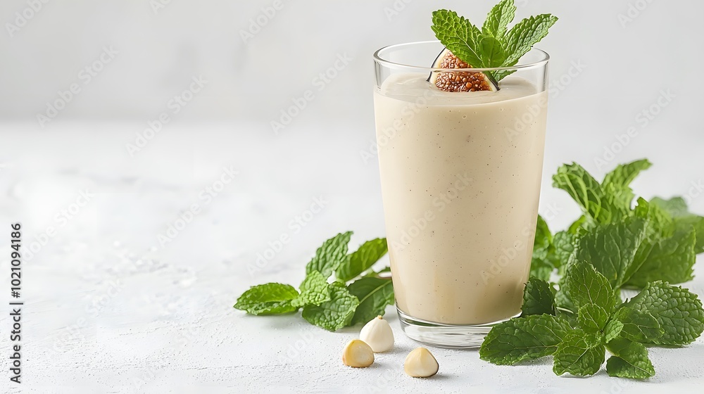 Fig Superfood Smoothie: isolate on white background. A vibrant image of a fig-infused smoothie in a glass, garnished with mint leaves. The white background accentuates the drink’s freshness Fig Superfood Smoothie: isolate on white background. A vibrant image of a fig-infused smoothie in a glass, garnished with mint leaves. The white background accentuates the drink’s freshness