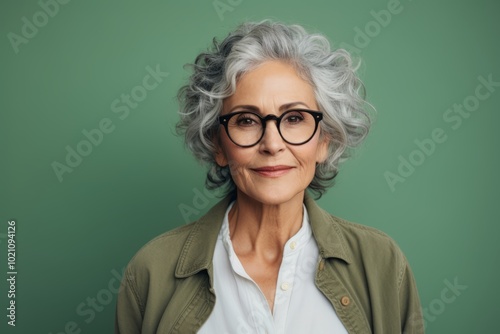 smiling senior woman in eyeglasses looking at camera isolated on green