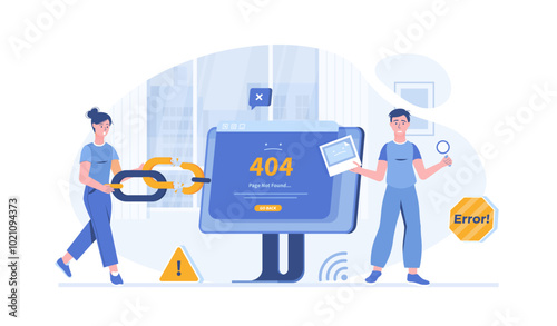 Error - Page not found 404, Go back. Link to empty non existent page. Broken link. Vector illustration with characters in flat design for web banner.