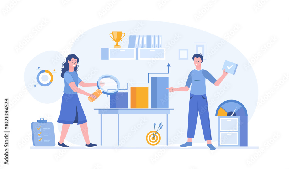 Benchmarking. Analysis of a leader competitor's company. Business development and improvement. Vector illustration with characters in flat design for web banner. Benchmarking. Analysis of a leader competitor's company. Business development and improvement. Vector illustration with characters in flat design for web banner.