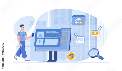 Backlink, Link building, Search engine optimization. Active link to content source, hyperlink connection. Vector illustration with characters in flat design for web banner.