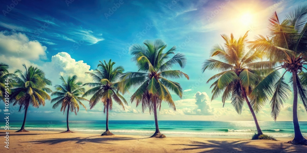 Obraz premium Palm Trees Swaying Gently in the Warm Tropical Breeze on a Picturesque Sandy Beach