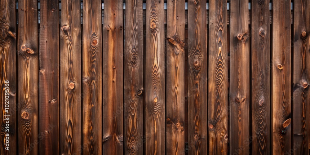 A close-up shot of a wooden fence, revealing the natural beauty of the wood grain with intricate knots and dark brown tones. A close-up shot of a wooden fence, revealing the natural beauty of the wood grain with intricate knots and dark brown tones.