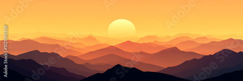 Sunset amidst the mountains, panorama wallpaper, the beautiful light of the sun setting behind the horizon surrounded by mountains.