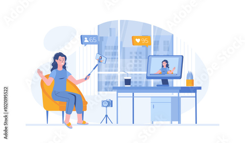 Video blogging, broadcasting, live streaming. Young woman shoots video on phone using selfie stick. Vector illustration with characters in flat design for web banner.