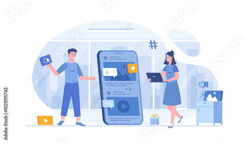 Blogging. Regular publication of photos, videos, text materials. Blog content posting. Vector illustration with characters in flat design for web banner.