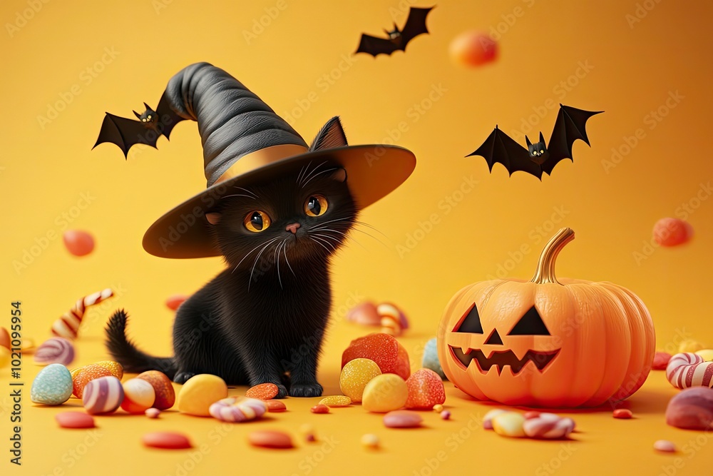 Halloween pumpkin, witch hat, cute black cat, sweet candy, flying bat. 3d vector render poster elements. Vampire magician party invite sticker. Happy scary character for fall gift. wit generative ai