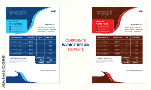 Creative modern business invoice design template with multiple color variation 