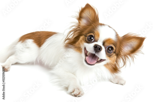 Happy small dog with long ears and brown and white fur lying down with a cheerful expression