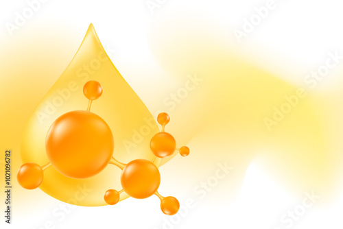 Orange color 3d hair oil drop or collagen droplet molecule formula, with light yellow liquid pattern background. Hyaluronic acid serum chemical formula wallpaper with copy space. Beauty treatment