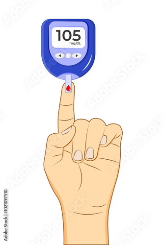 Vector illustration of glucose monitor with blood drop and hand on transparent background