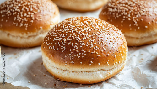 Golden brown sesame seed burger buns rest on a parchment paper surface, highlighting their fresh texture and perfect bake, ideal for culinary delights.