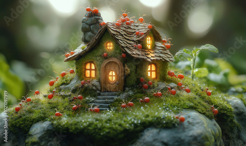 Cartoon ants build a house in the forest.