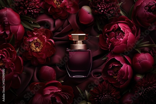 Luxurious perfume bottle surrounded by lush red peonies on rich fabric background photo