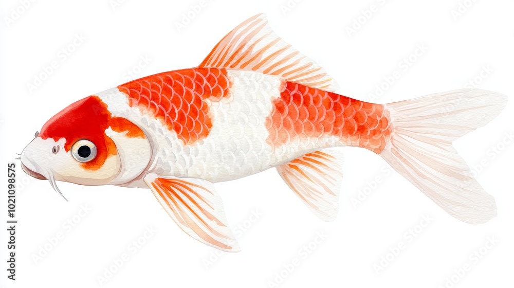 Fototapeta premium Hand-painted koi fish with delicate scales and flowing fins, watercolor illustration, ideal for aquatic decor and calm, serene themes