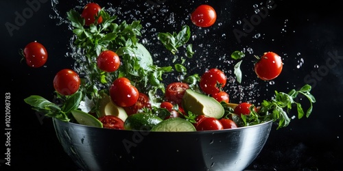 Fresh vegetables splash in a stainless steel bowl against a dark background.