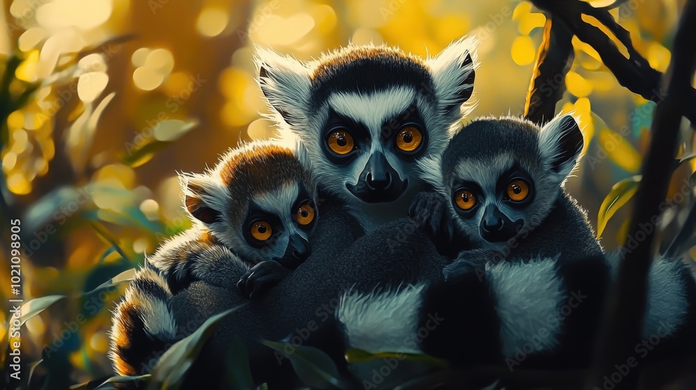 A family of ring-tailed lemurs nestled together in a lush forest setting, surrounded by golden light. A family of ring-tailed lemurs nestled together in a lush forest setting, surrounded by golden light.
