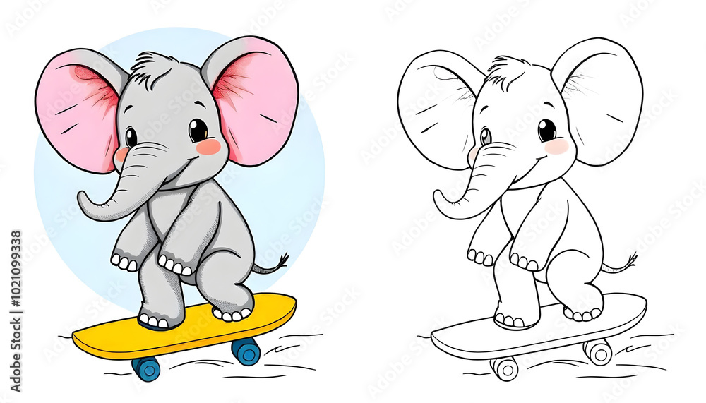 Fototapeta premium coloring page illustration cute elephant riding a skateboard