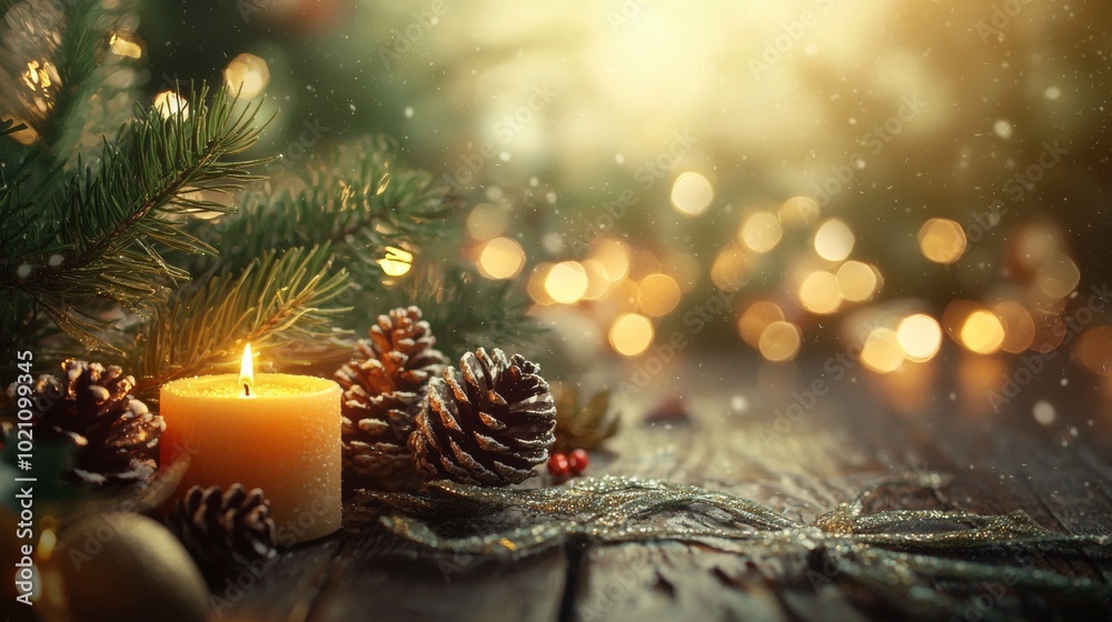 Warm candle with pinecones and holiday lights on rustic table Warm candle with pinecones and holiday lights on rustic table