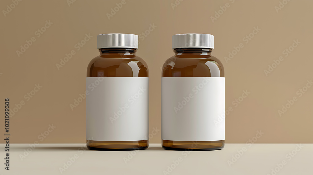 Two amber glass bottles with white labels and white caps against a light brown background.