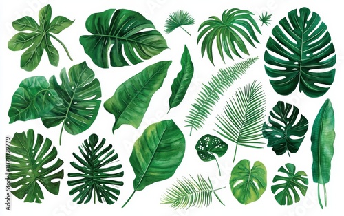 Diverse set of tropical leaves in watercolor, vibrant green tones, perfect for botanical illustrations, floral decor, or eco-friendly product branding