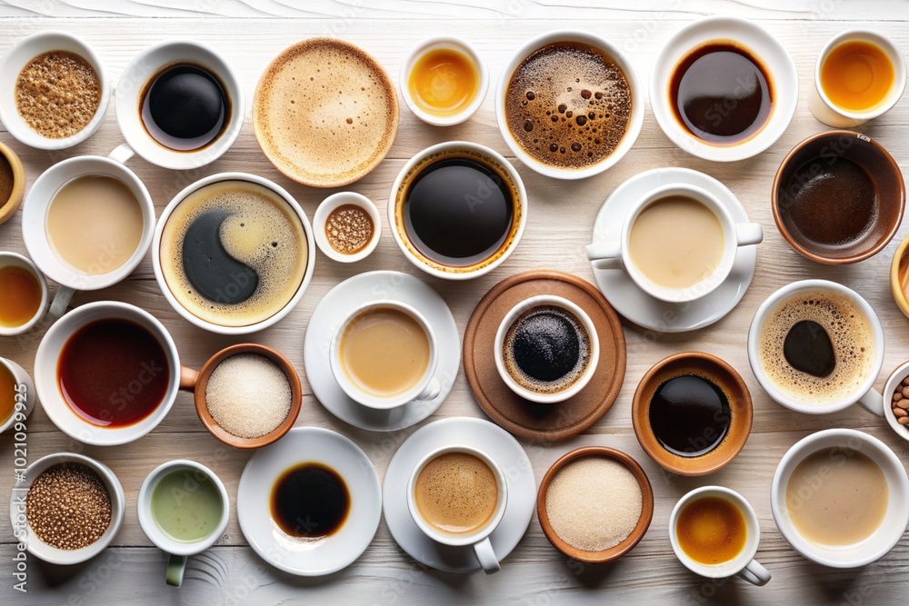 Lots of mugs of different coffee and coffee drinks on a white table. Top view, flat lay Lots of mugs of different coffee and coffee drinks on a white table. Top view, flat lay