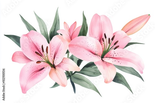 Detailed watercolor lilies in vibrant pinks, perfect for creating botanical illustrations, spring-themed designs, or floral home decor