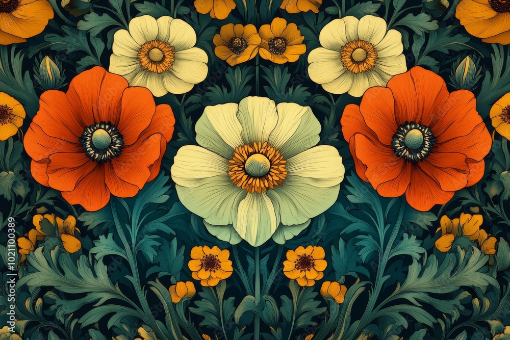 A colorful flower field with a variety of flowers including white, red A colorful flower field with a variety of flowers including white, red