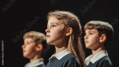 A focused group of children standing in a dark setting, showcasing determination and teamwork during a performance.