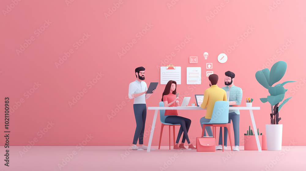 Group of diverse people collaborating in a modern workspace, utilizing laptops and technology, fostering creativity in a vibrant environment. Group of diverse people collaborating in a modern workspace, utilizing laptops and technology, fostering creativity in a vibrant environment.