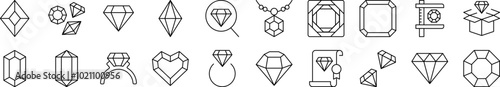 Diamond, Gem Collection of Signs of Crystals Drawn with Thin Line for apps, web sites, banners, infographics and other types of design