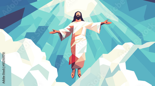 Powerful biblical vector illustration of the ascension day of jesus christ witness the iconic image of jesus christ raising his hands in divine glory