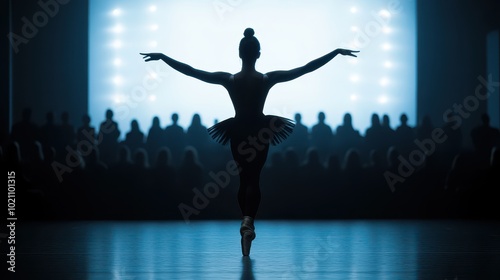 A graceful ballerina performing on stage, silhouetted against bright lights, captivating the audience with poise and artistry. photo