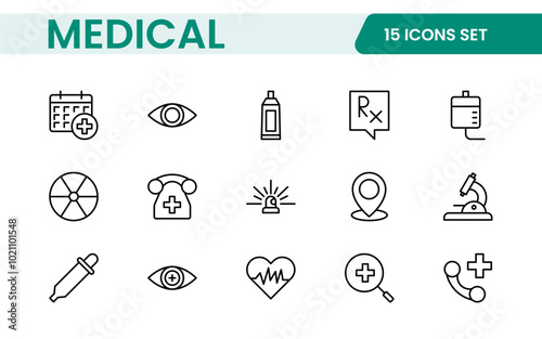 Set of Medical web icons in line style. Medicine and Health Care, RX. Medicine, check up, doctor, dentistry, pharmacy, lab, scientific discovery, collection.