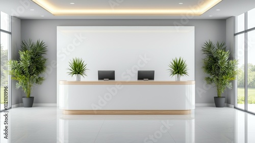 A large white room with a white desk and two potted plants