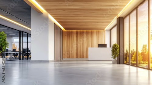 A large open office space with a wooden wall and a potted plant