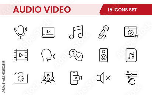 Audio Video Icons Pack. Thin line icons set. Flat icon collection set. Simple outline icons.