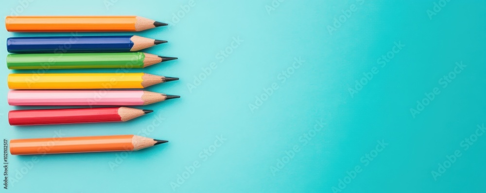 Row of colorful pencils arranged on blue background with copy space Row of colorful pencils arranged on blue background with copy space