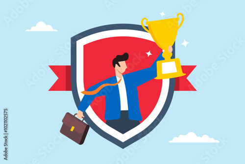 Flat illustration of success businessman holds trophy badge recognized as employee of the month