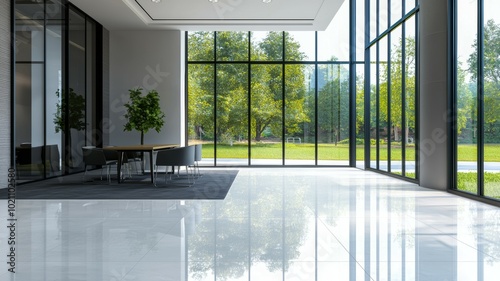 A large room with a table and chairs  a potted plant  and a window