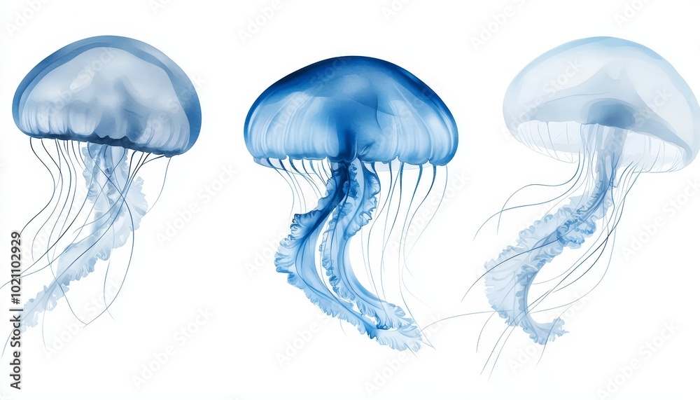 Elegant watercolor jellyfish with translucent bodies and flowing tentacles, isolated on white, ideal for oceanic artwork, fantasy illustrations, or sea life designs Elegant watercolor jellyfish with translucent bodies and flowing tentacles, isolated on white, ideal for oceanic artwork, fantasy illustrations, or sea life designs