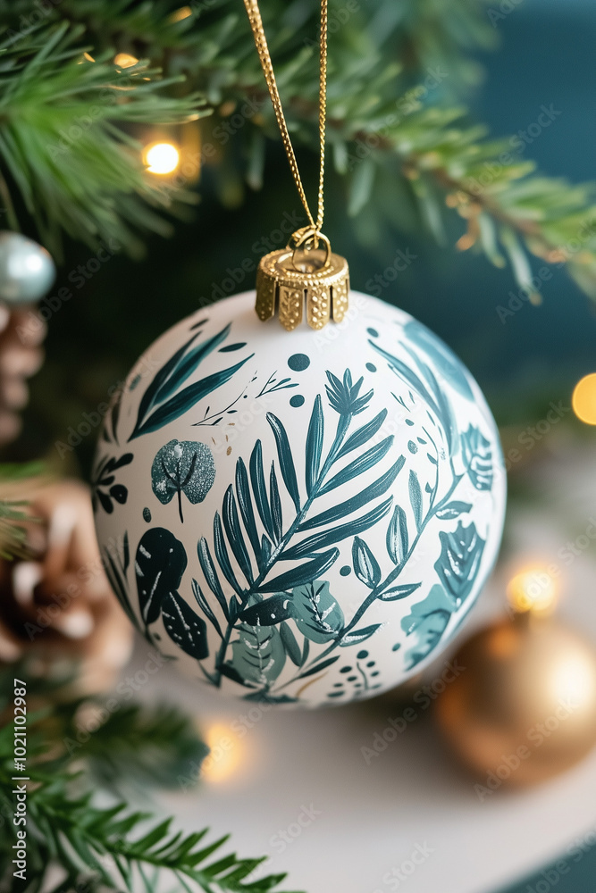 A white Christmas ball ornament with a green floral pattern hangs on a Christmas tree. A white Christmas ball ornament with a green floral pattern hangs on a Christmas tree.