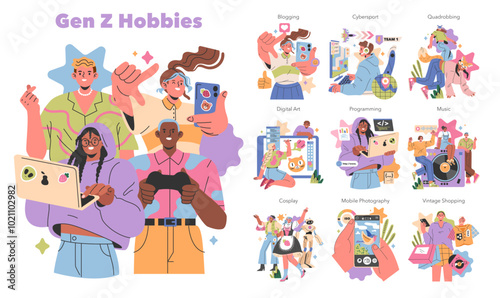 Gen Z Hobbies. Flat Vector Illustration