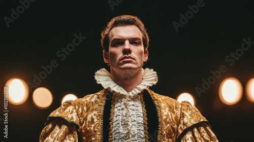 A confident actor in a historical costume gazes intensely under stage lights, showcasing drama and theatricality.