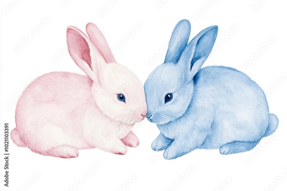 Lifelike watercolor bunnies with soft pastel tones, perfect for Easter-themed illustrations, pet-related products, or whimsical childrens art Lifelike watercolor bunnies with soft pastel tones, perfect for Easter-themed illustrations, pet-related products, or whimsical childrens art