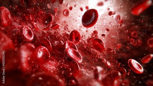 High-resolution close-up of red blood cells in motion, highlighting their texture and fast movement in a dynamic medical scene.