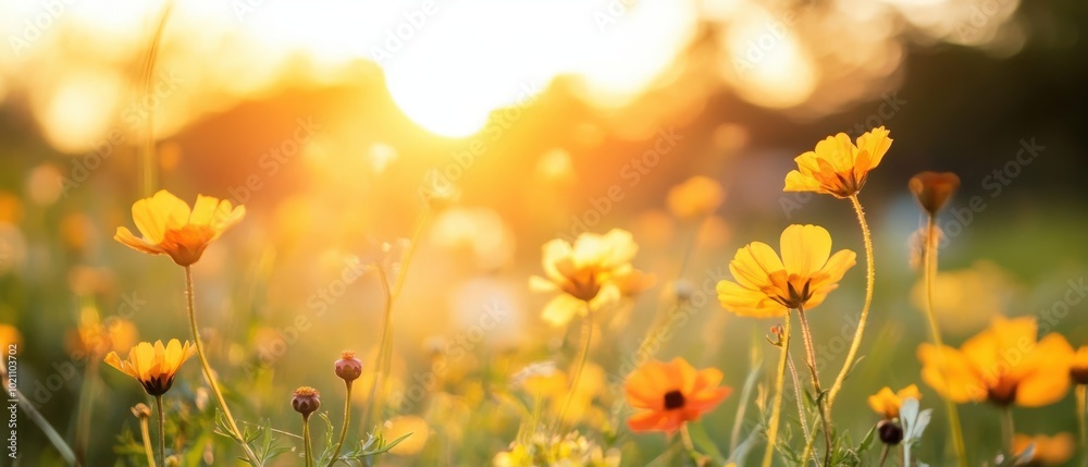 Vibrant wildflowers bask in the warm glow of a golden sunset, creating a serene and picturesque natural scene. Vibrant wildflowers bask in the warm glow of a golden sunset, creating a serene and picturesque natural scene.